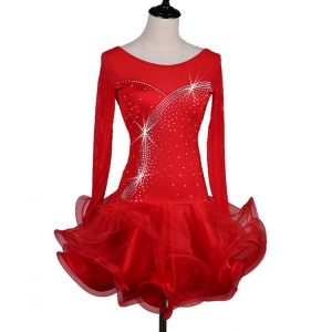 Red stones diamond long sleeves women's female competition professional ballroom latin salsa cha cha dance dresse skirts
