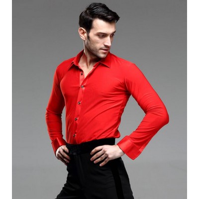 Red turn down collar long sleeves men's male competition performance latin ballroom dance shirts tops