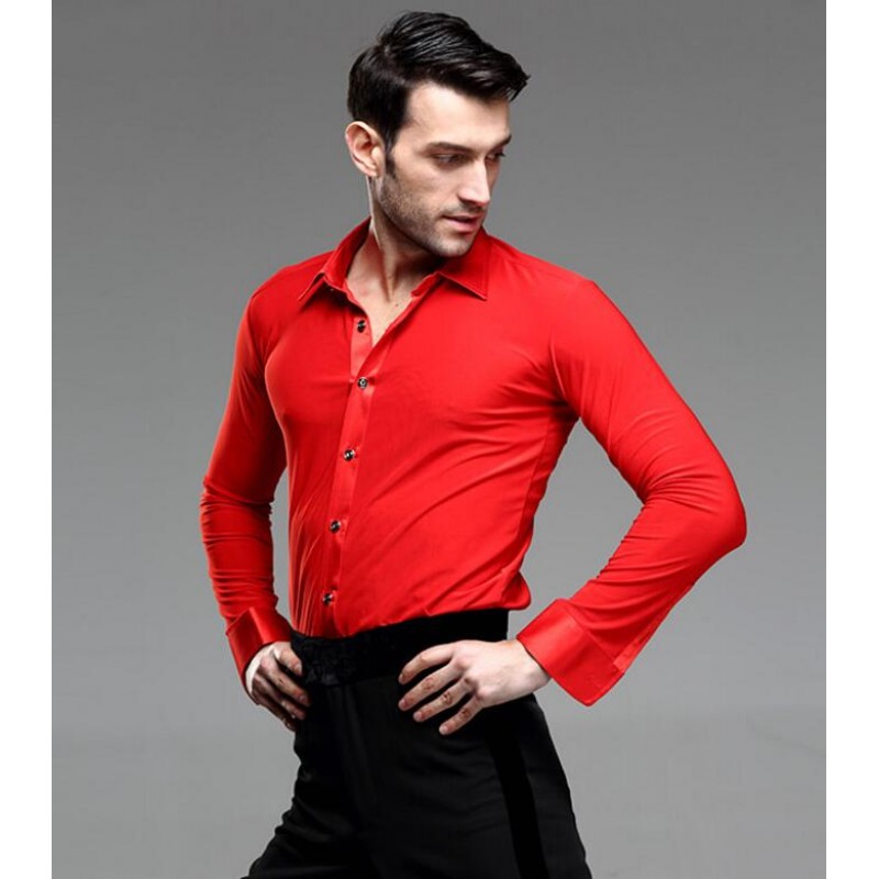 Red turn down collar long sleeves men's male competition performance latin ballroom dance shirts tops