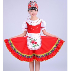 Red white patchwork European palace style girls boys kids Russian party performance cosplay Spanish folk dance dresses outfits