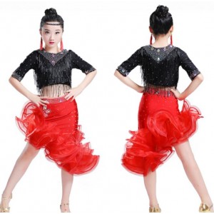 Red with black beads fringes handmade girl's children student competition professional ballroom latin dance dresses