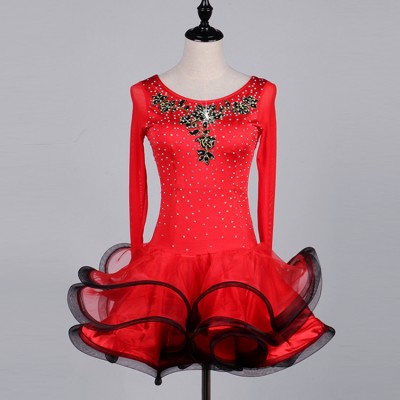 Red with stones ruffles skirts women's female competition stage performance ballroom salsa latin dance dresses