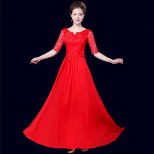 Red women's chorus performance dress female lace competition stage performance singers group dance maxi dresses