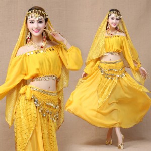 red yellow 4pcs Belly Dance Costume Bollywood Costume Indian Dress Bellydance Dress Womens Belly Dancing Costume Sets Tribal