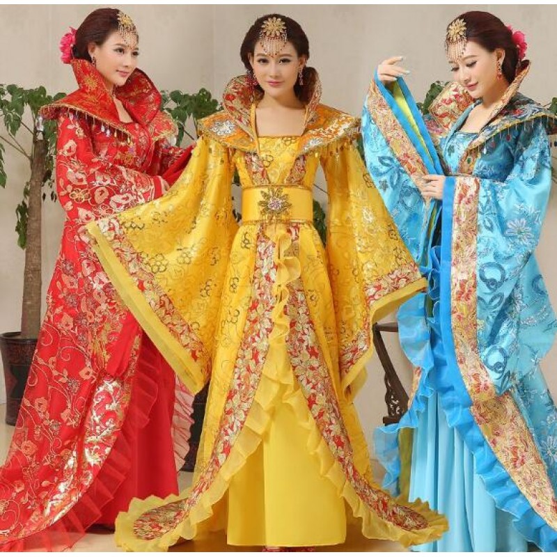Red yellow Chinese Folk CostumeTang Empress Wu Zetian Performance Costume Princess Fairy Queen Outfit Hanfu Clothing