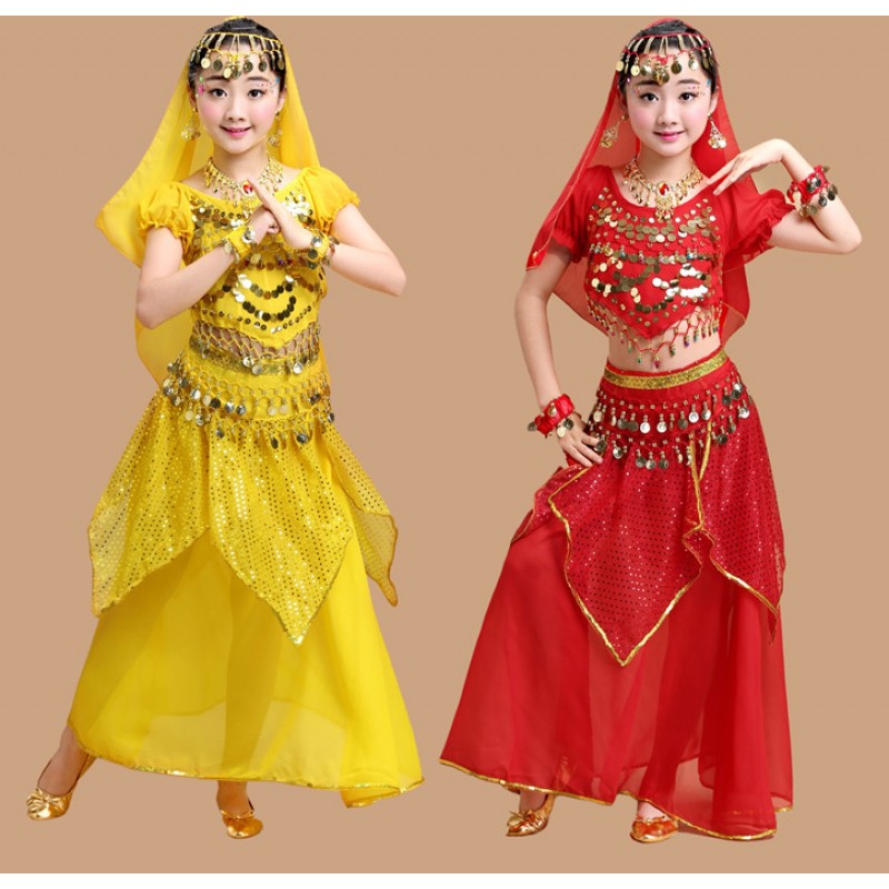 Red yellow fuchsia Belly Dance Costume Kids Indian Dance Dress Child Bollywood Dance Costumes Girls Performance Bellydance Wear Tribal 