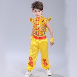 Red yellow gold Chinese style Folk dance girls boys children fan drummer performance cosplay dance outfits