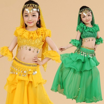 Red yellow green Children/Girls/Kids Dance Clothes 5 Piece(Top+Cake Skirt+Waist Chain+Veil+ Sleeve Arm) Costume For Belly Dance Dresses