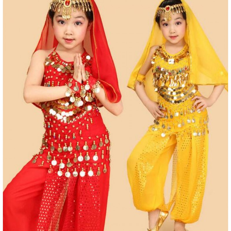Red yellow kids belly dance 6 pcs(top+pant+belt+head chain+hand chain+veil)  indian clothes pink girls belly dance costume- Material : Chiffon Content:  Top and pants and waist bel