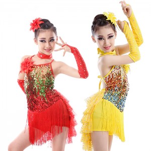 Red yellow Latin Dancing Dress Girls Performance Tassels Sequins Latin Dance Costumes Size 120-160CM