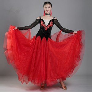 Red yellow white black patchwork rhinestones diamond long sleeves professional women's female ballroom tango waltz dancing dresses