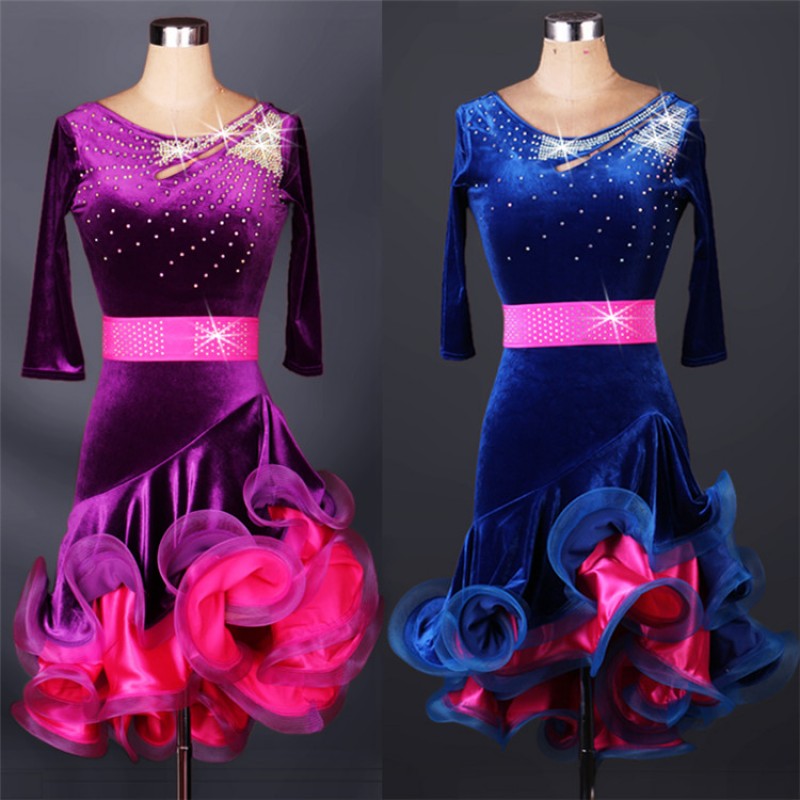 Rhinestones purple royal blue velvet rhinestones  competition professional women's ladies female salsa cha cha latin dance dresses