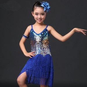 Royal blue  Child Kid Children Latin Dance Dress For Girls Samba Stage Dress Dancing Dress Girl Latin Dancewear Performance Costume
