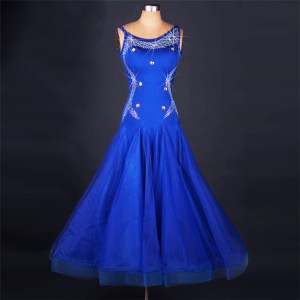 Royal blue diamond sleeveless competition performance full skirted  ballroom waltz tango dance dresses