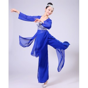 Royal blue Discount Ancient Traditional Fan Dance Younger Chinese Folk Dance Costumes Women