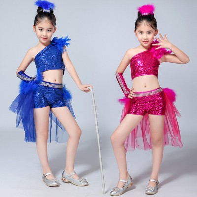 Royal blue fuchsia hot pink sequined paillette modern dance girls school stage performance competition jazz hip hop dance dresses costumes
