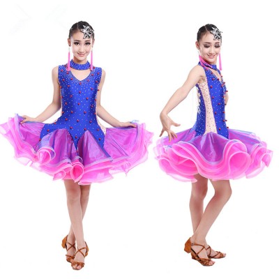 Royal blue fuchsia patchwork rhinestones beads backless competition performance professional latin ballroom dancing dresses costumes