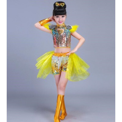 Royal blue gold Children 's Performance Costume Dresses Jazz Dance Dresses Girls Girls Stage Modern Dance Performance Sequin Set