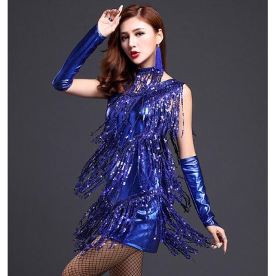 Royal blue gold silver sequined fringes leather competition professional  women's female salsa cha cha latin dance dresses
