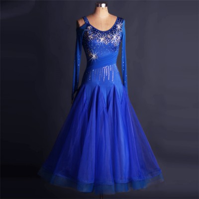 Royal blue long length stones Ballroom Dance Dresses Competition Flamenco Dancing Skirt Women Stage Waltz Ballroom Dresses