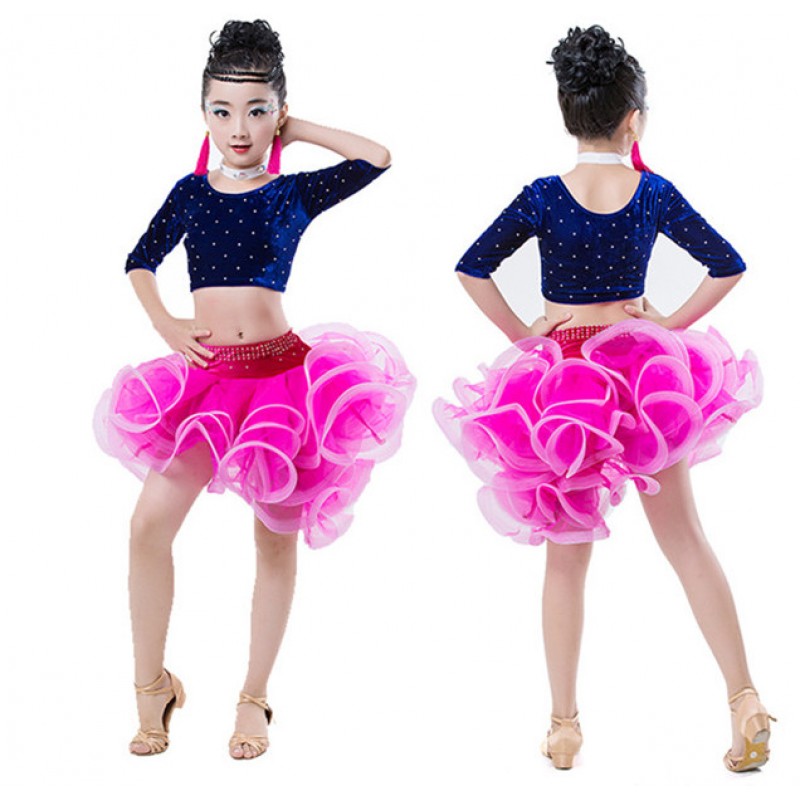 Royal blue pink Child Latin Dance Dresses Kids Ballroom Dance Costume Girl Modern Dance Dress Women Vestido Waltz Stage Dance Clothing