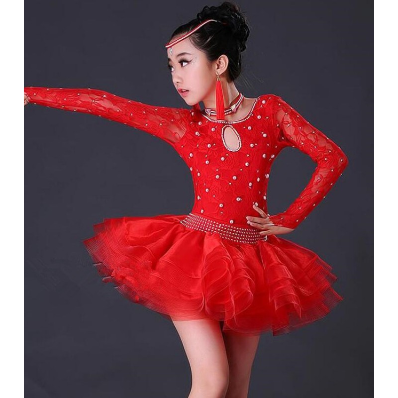 Royal blue red lace organza skirted girl's kids children competition stage performance ballroom latin salsa rumba dance dresses