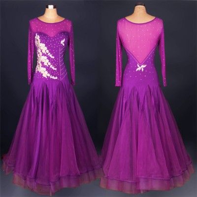 Royal blue red purple rhinestones see through long sleeves competition performance professional ballroom waltz dance dresses