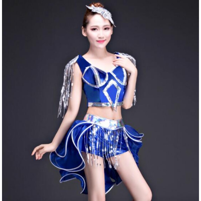 Royal blue sequined glitter women's singers dancers jazz modern dance film drama cosplay dancing dresses costumes