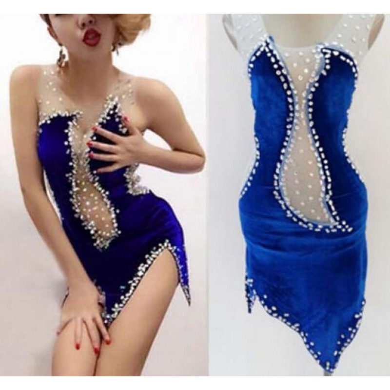 Royal blue Sexy Jazz Dance Stage Costumes For Singers Hip Hop Dance Costume Female Ds Dj Rhinestone Gauze Stitching Nightclub Dress