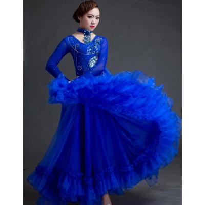 Royal blue women high-end big swing standard Ballroom Dance Costume Dress for competition sequins waltz/tango/foxtrot costumes