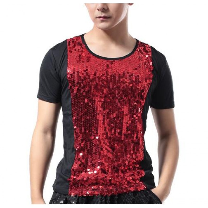 Sequined jazz dance tops men's male competition stage performance singers night club dj ds hiphop dancing tops t shirts