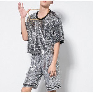 Sequined modern dance hiphop dance men's male competition stage performance night club jazz singers dance outfits costumes