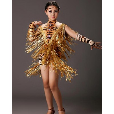  Sequins fringes Brown fuchsia tiger printed sexy fashion girls kids children competition latin dance dresses