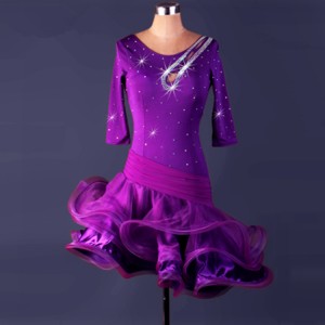 Sexy purple violet rhinestones Latin Dance Dress Women Girls stretchy Salsa Samba Tango Ballroom Competition Costumes