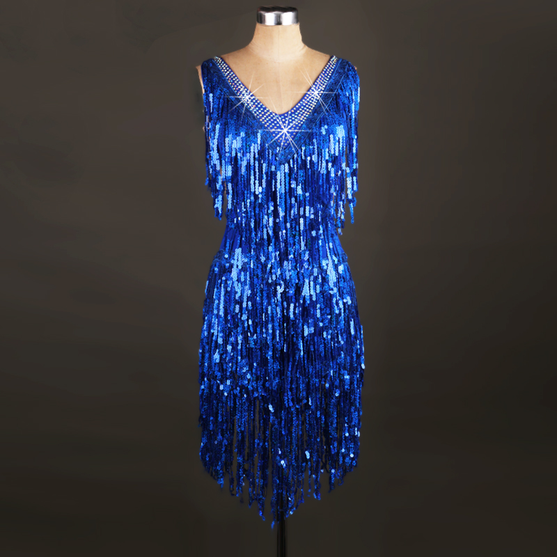 Sexy rhinestones sequins royal blue fashion Latin Dance Dress Women Professional Latin Skirt Samba Dance Latin Salsa Dresses