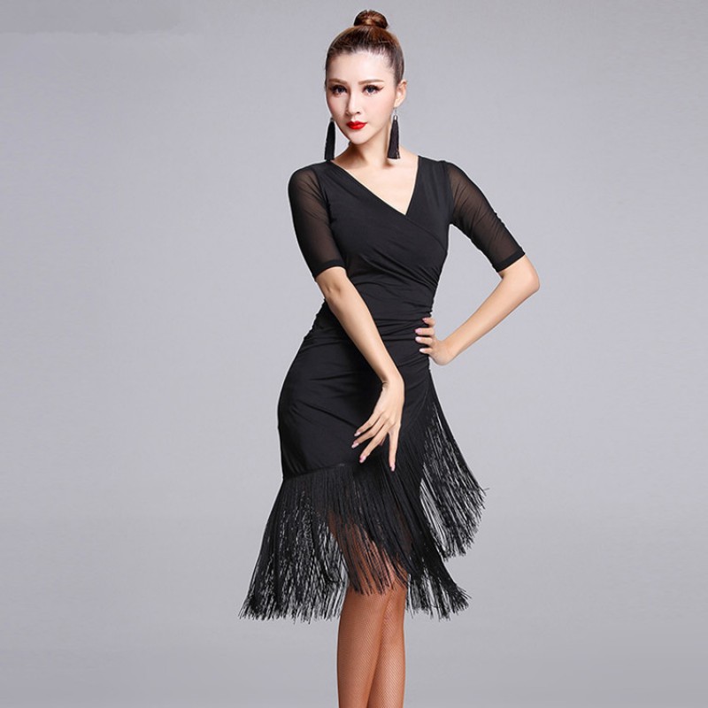 Sexy Short sleeves black Latin Dance Tassel one piece dress for women female Ballroom tango Cha Cha Rumba Costumes Dresses