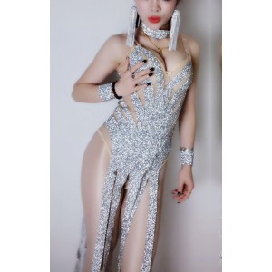 Sexy Silver gold  Rhinestone Bodysuit Show Dancer Stage Costumes for Singers Women Jumpsuit Performer Costumes Nightclub