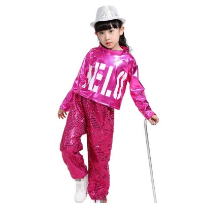 Silver and black fuchsia yellow sequined modern dance girl's kids children stage performance hiphop jazz singers ds costumes