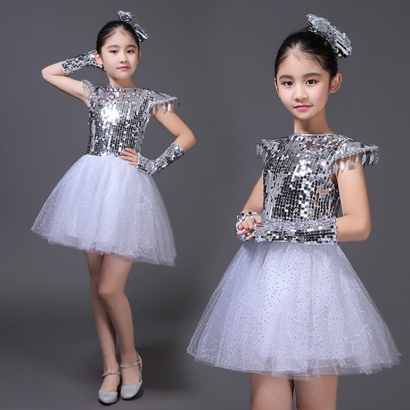 Silver kids jazz dance dress sequined modern dance princess chorus school competition stage performance outfits costumes