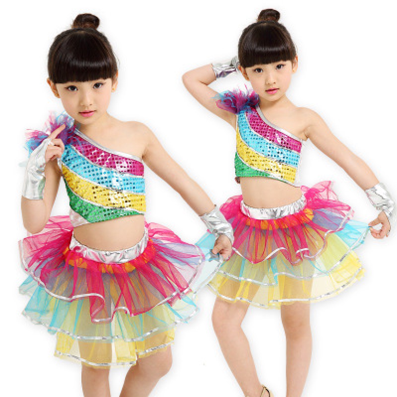 silver rainbow children jazz dance dress kids girl modern dance costume sequins princess tutu dresses