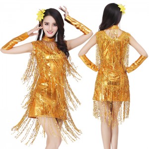 Silver red gold fringes paillette tassels girls women latin salsa dance dresses outfits costumes