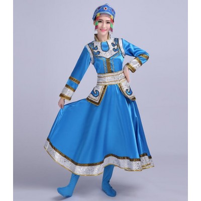 Sky blue red folk dance cosplay stage performance Dance clothes Costume Mongolian gowns dress