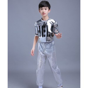 Street dance outfits for boys kids children blue black silver stage performance hiphop modern dance cheerleader dancing costumes