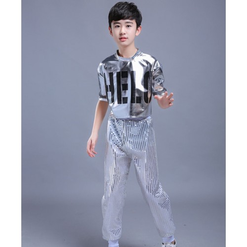 Street dance outfits for boys kids children blue black silver stage performance hiphop modern dance cheerleader dancing costumes