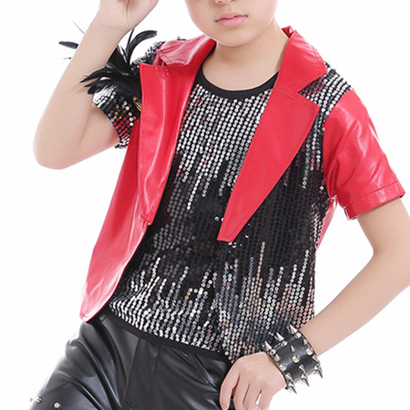 Street dance outfits for kids boys children red stage performance jazz hiphop drummer dancing coat and sequined vests