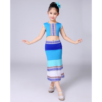 Striped girls belly dance costumes kids children turquoise stage performance competition peacock folk dance costumes dresses