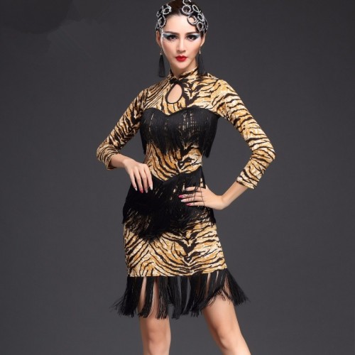 Tiger leopard zebra women ladies Ballroom Dance Competition Dress Samba Costume Salsa Dresses with layers fringes Latin Dress