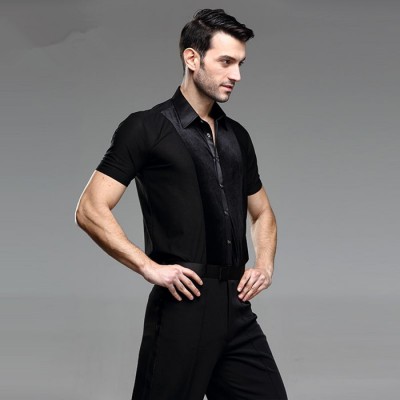 Trendy Stage Performance Velvet striped Shirt short Sleeve Ballroom Dance Costumes Men Shirt Latin Modern Dance Clothing