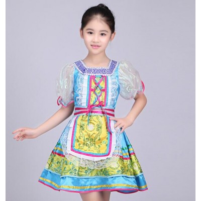 Turquoise blue Russian European palace style girls kids children folk spanish party performance  dance dresses outfits