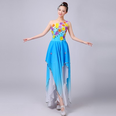 Turquoise Costume Chinese Yangko Dance Costume Folk Dance Costume Fan Dance Costumes